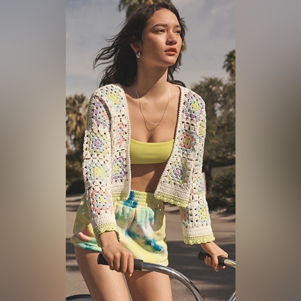 Alice + Olivia Anderson Boxy Cropped Multicolor Crochet Cardigan Sweater
